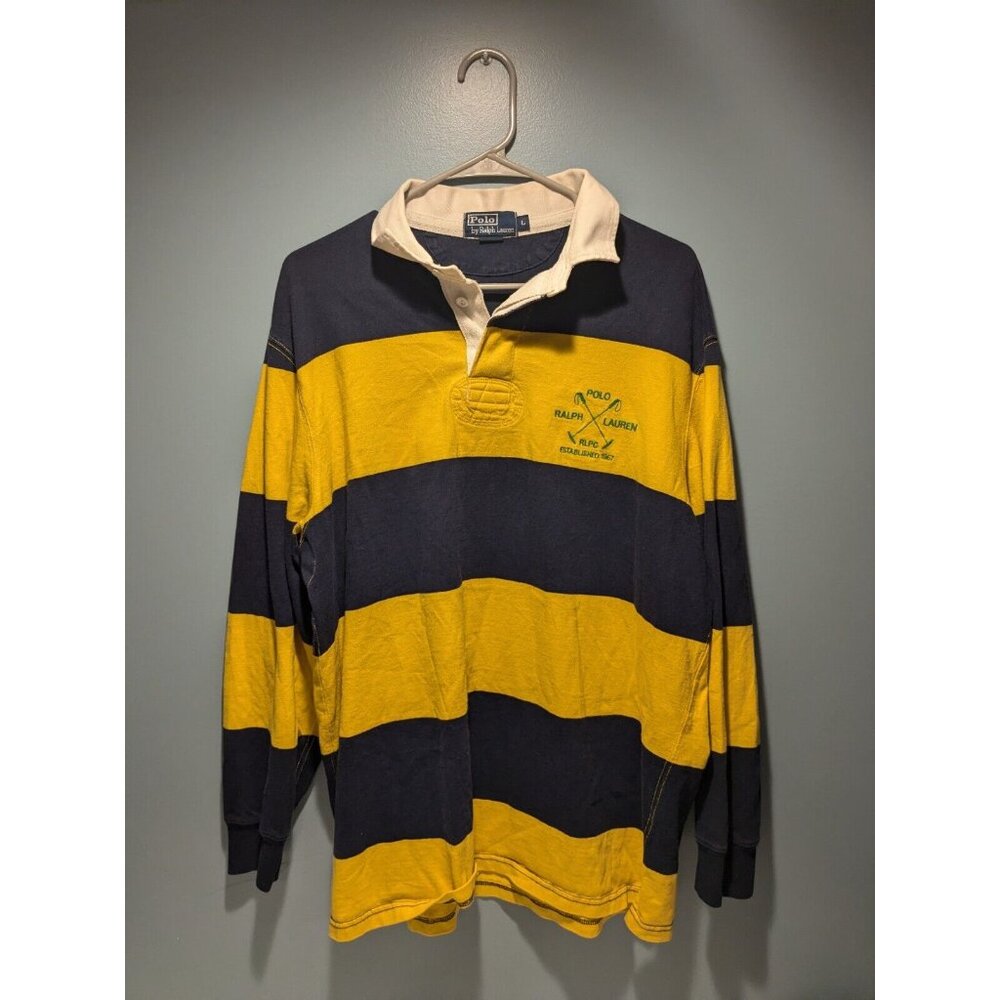 Vintage POLO RALPH LAUREN Mens Rugby Shirt Size L Striped Long Sleeve cotton
